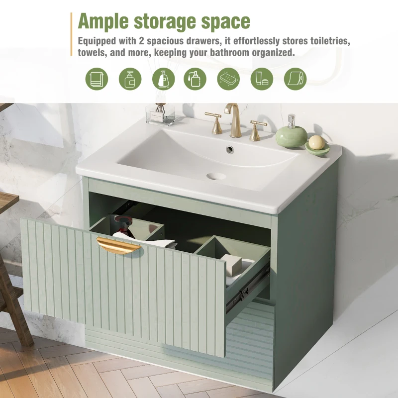Modern Wall-Mounted Bathroom Vanity with 2 Drawers, Space-Saving Design for Small Bathrooms, 24" L x 18" W x 23" H, Green