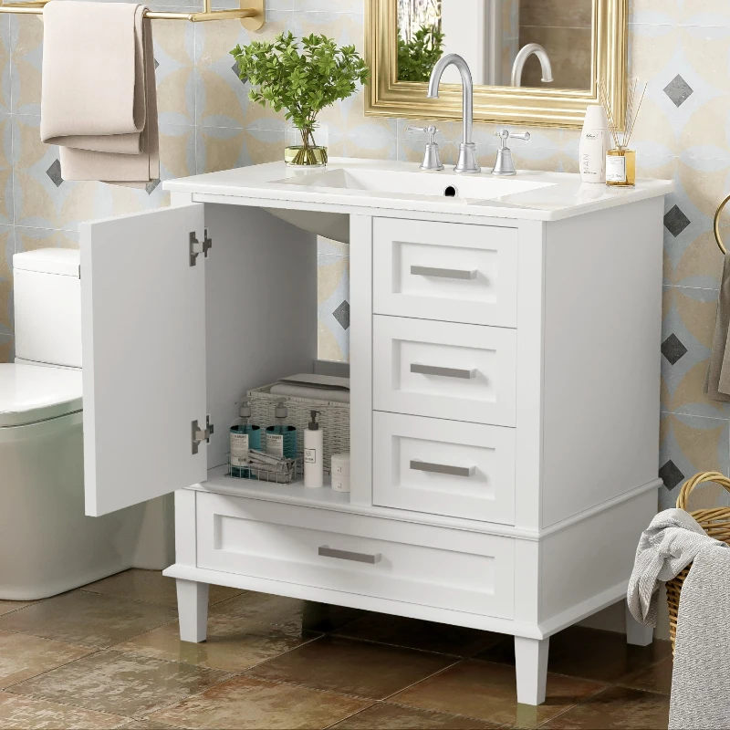 Modern Bathroom Vanity with Sink Combo, Solid Wood Frame, Cabinet with Soft-Close Door and 3 Drawers, 30" L x 18" W x 34" H, White