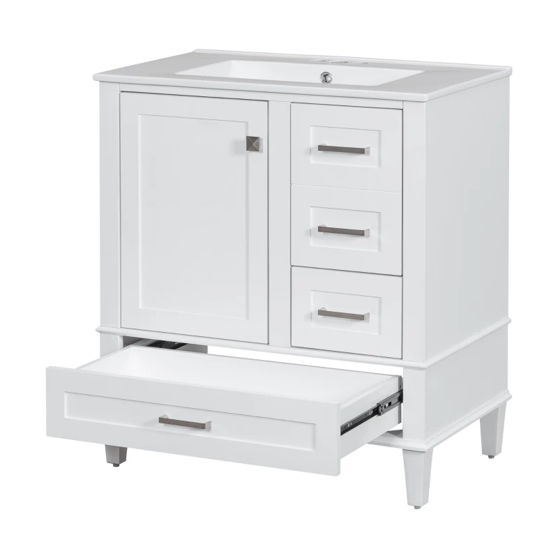 Modern Bathroom Vanity with Sink Combo, Solid Wood Frame, Cabinet with Soft-Close Door and 3 Drawers, 30" L x 18" W x 34" H, White