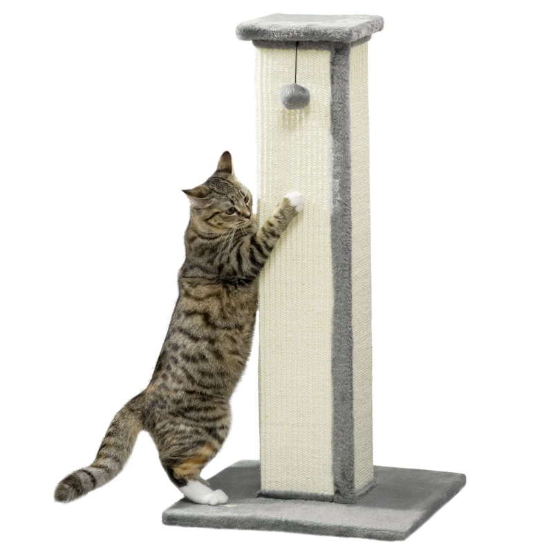 PawHut 32" Tall Cat Scratching Post for Indoor Cats and Kittens, Sisal Cat Scratcher with Hanging Ball Soft Plush, Grey