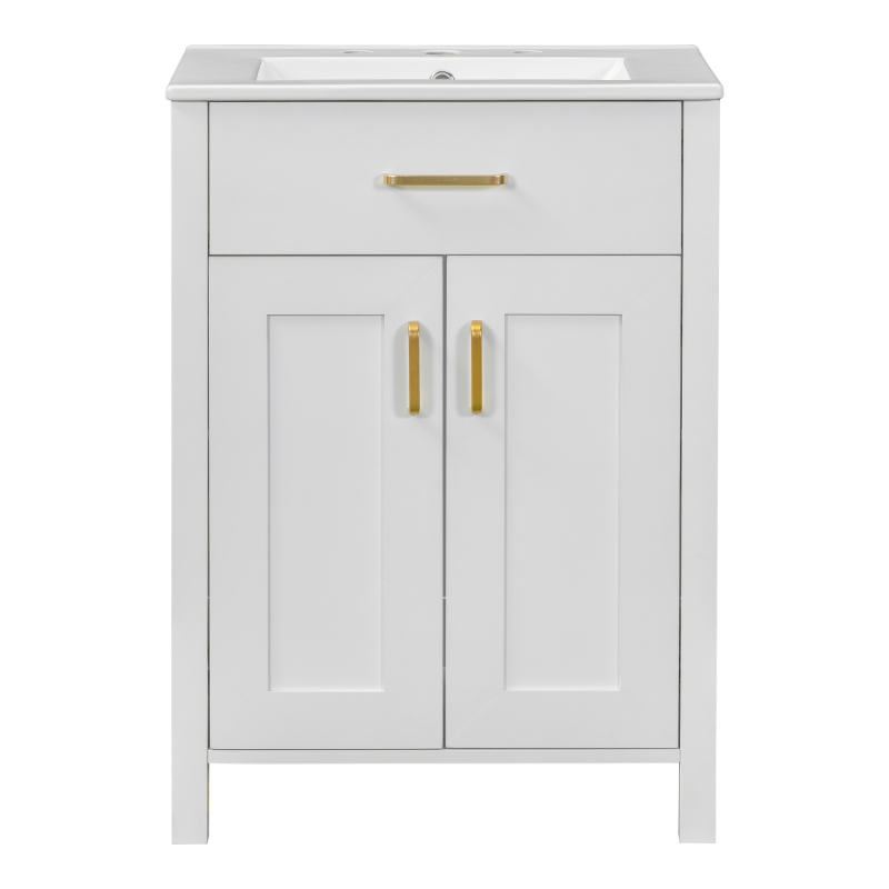 Space-Saving Design Bathroom Vanity Combo with Ceramic Sink, Storage Cabinet with Wood Frame, 24" L x 18.5" W x 34" H, White