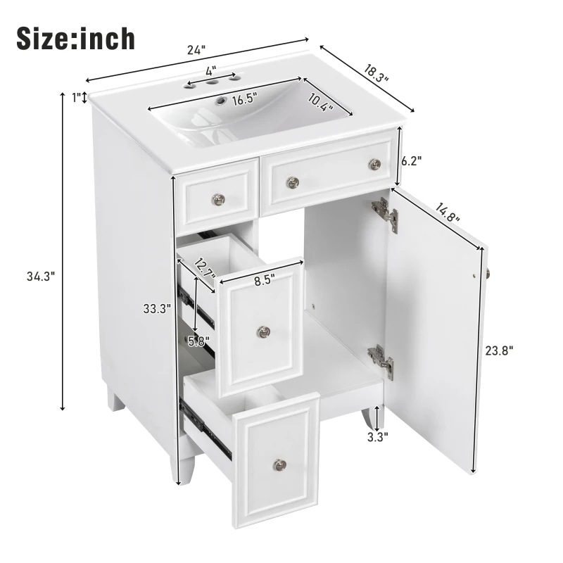 24" Bathroom Vanity Cabinet with 2 Drawers and 1 Door, Ceramic Sink, Cabinet with Solid Wood Construction, 24" L x 18.5" W x 34.5" H, White