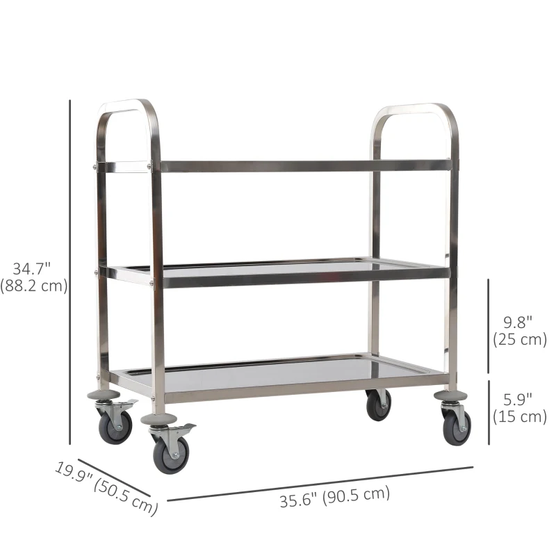 HOMCOM 33" 3-Tier Kitchen Trolley Medical Treatment Laboratory Equipment Carts, Stainless Steel Rolling Kitchen Island, Wheeled Storage Utility Serving Cart, 330LBS Heavy Gauge