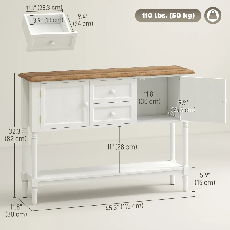 HOMCOM Vintage Console Table with 2 Drawers and Cabinets, Retro Sofa Table for Entryway, Living Room and Bedroom, White