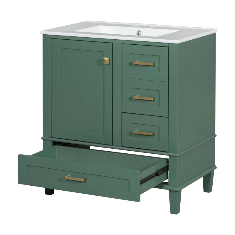 Modern Bathroom Vanity with 3 Drawers, Soft Close Door, Sink Combo, Storage Cabinet with Wood Frame, 30" L x 18" W x 34" H, Green+White