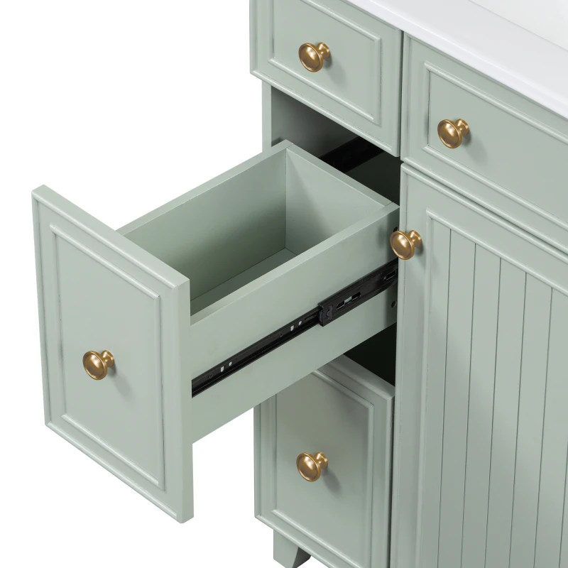 24" Bathroom Vanity with 4 Drawers and 1 Door, Ceramic Sink, Cabinet with Solid Wood Construction, 24" L x 18.5" W x 34.5" H, Green+White