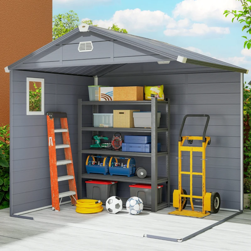 Outsunny 8' x 6' Plastic Garden Storage Shed with Latch Door, Vents, Sloped Roof, Light Grey