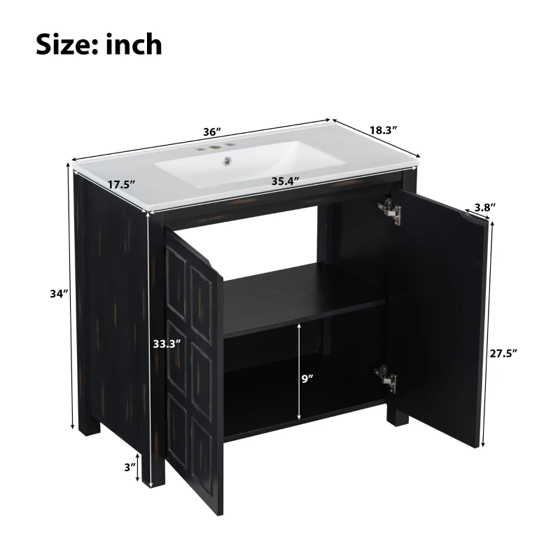 36" Bathroom Vanity with Ceramic Sink, Solid Wood Construction, Storage Cabinet with Soft Close Doors, 36" L x 18.5" W x 34" H, Espresso
