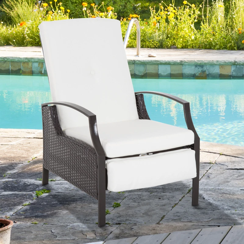 Outsunny Outdoor Recliner Chair, Reclining Patio Lounge Chair with Comfy Cushions, Footrest, Armrests, PE Wicker for Balcony, Porch, Dark Brown, Cream White