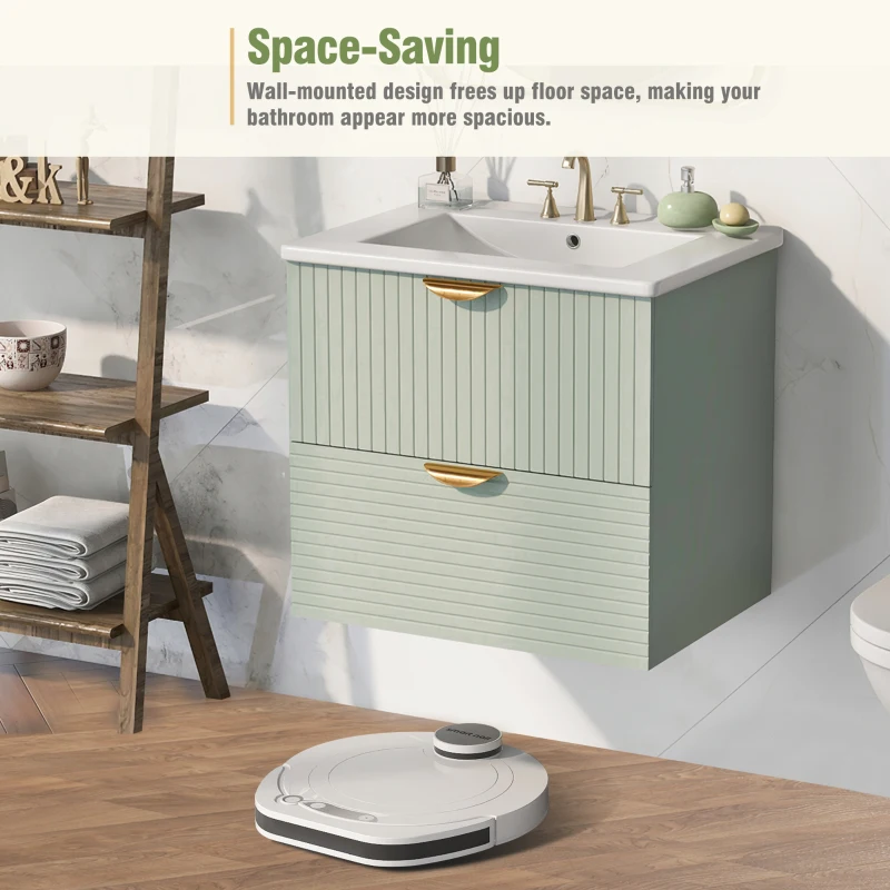 Modern Wall-Mounted Bathroom Vanity with 2 Drawers, Space-Saving Design for Small Bathrooms, 24" L x 18" W x 23" H, Green