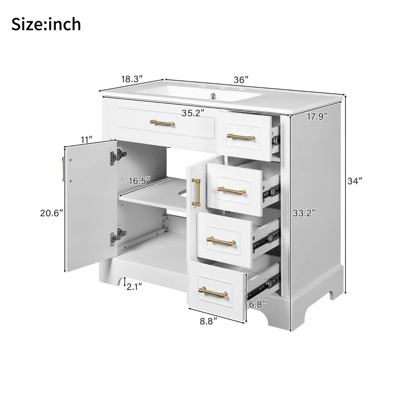 Elegant Bathroom Vanity with Ceramic Sink, Soft-Close Doors and Drawers, Cabinet with Solid Wood Frame, 36" L x 18.5" W x 34" H, White