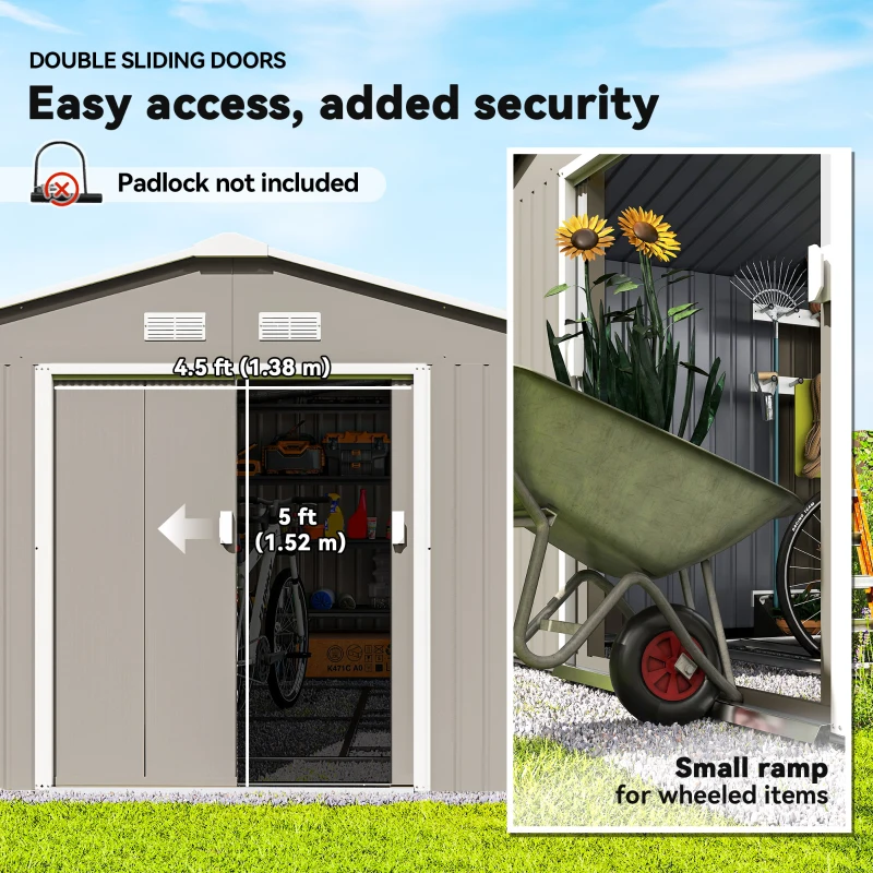 Outsunny 11' x 13' Practical Backyard Garden Storage Tool Shed Double Sliding Door 4 Ventilation Slots, Light Grey