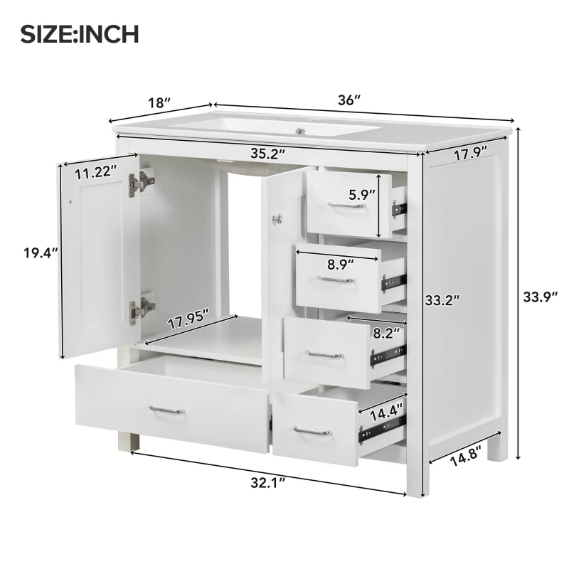 36" Bathroom Vanity with Ceramic Sink, 2 Soft-Close Doors and 5 Drawers, Cabinet with Free-Standing Design, 36" L x 18" W x 34" H, White