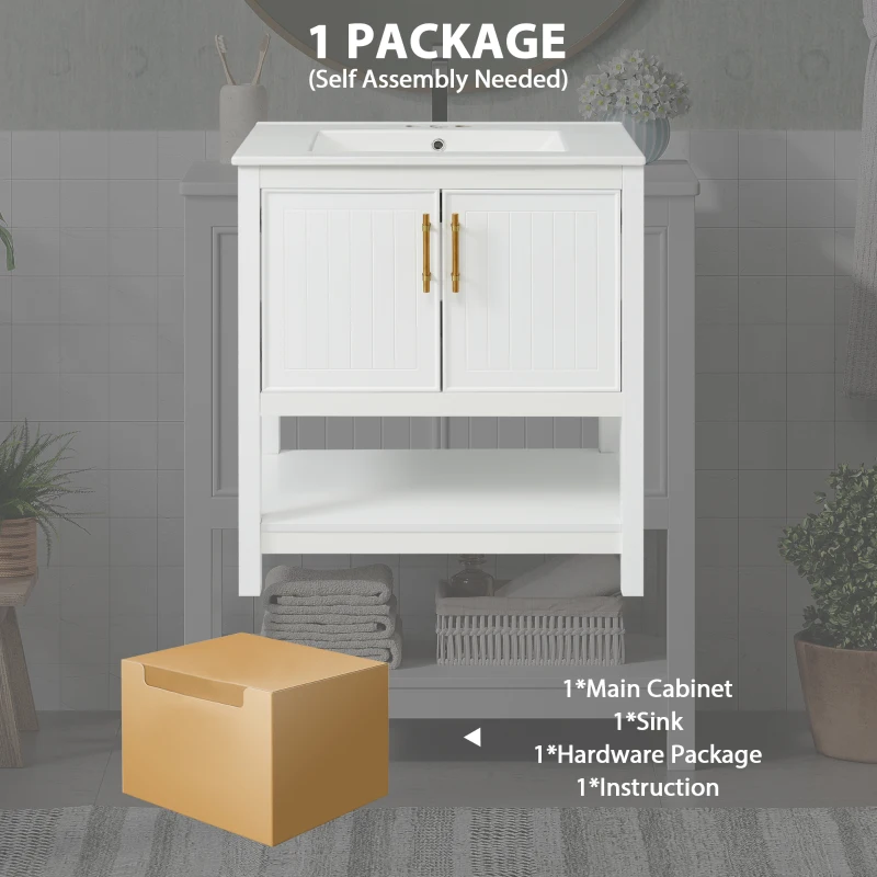 30" Bathroom Vanity with Ceramic Sink, Ample Storage, Gold Handles and Soft Close Doors for Small Bathrooms, 30" L x 18.5" W x 34" H, White
