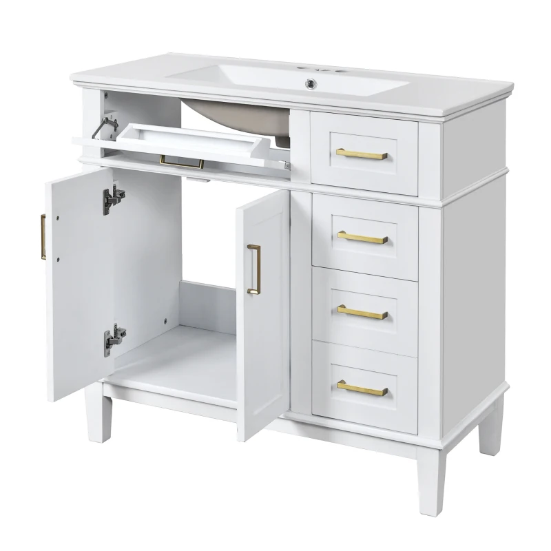 Modern Bathroom Vanity with Ceramic Sink, Soft Close Doors, Space-Saving Design and 4 Drawers for Storage, 36" L x 18.5" W x 35" H, White