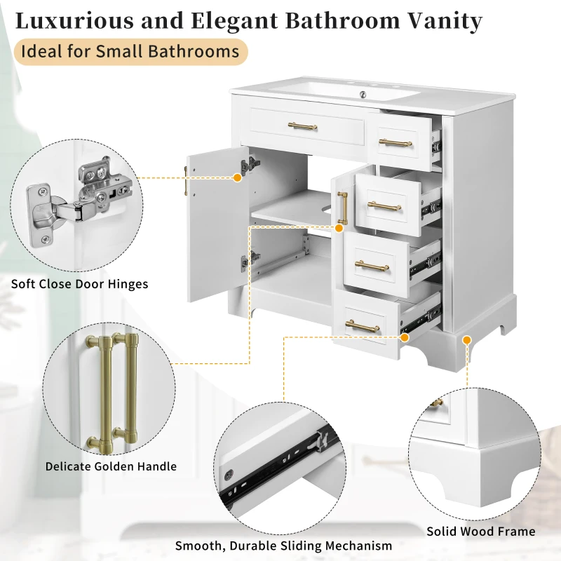 Elegant Bathroom Vanity with Ceramic Sink, Soft-Close Doors and Drawers, Cabinet with Solid Wood Frame, 36" L x 18.5" W x 34" H, White