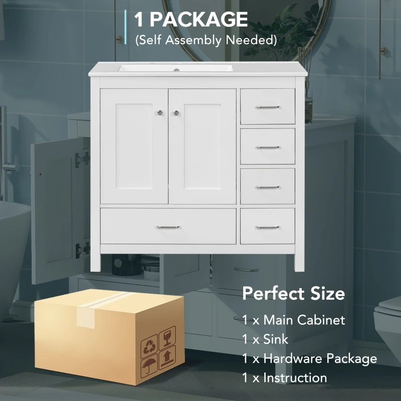 36" Bathroom Vanity with Ceramic Sink, 2 Soft-Close Doors and 5 Drawers, Cabinet with Free-Standing Design, 36" L x 18" W x 34" H, White