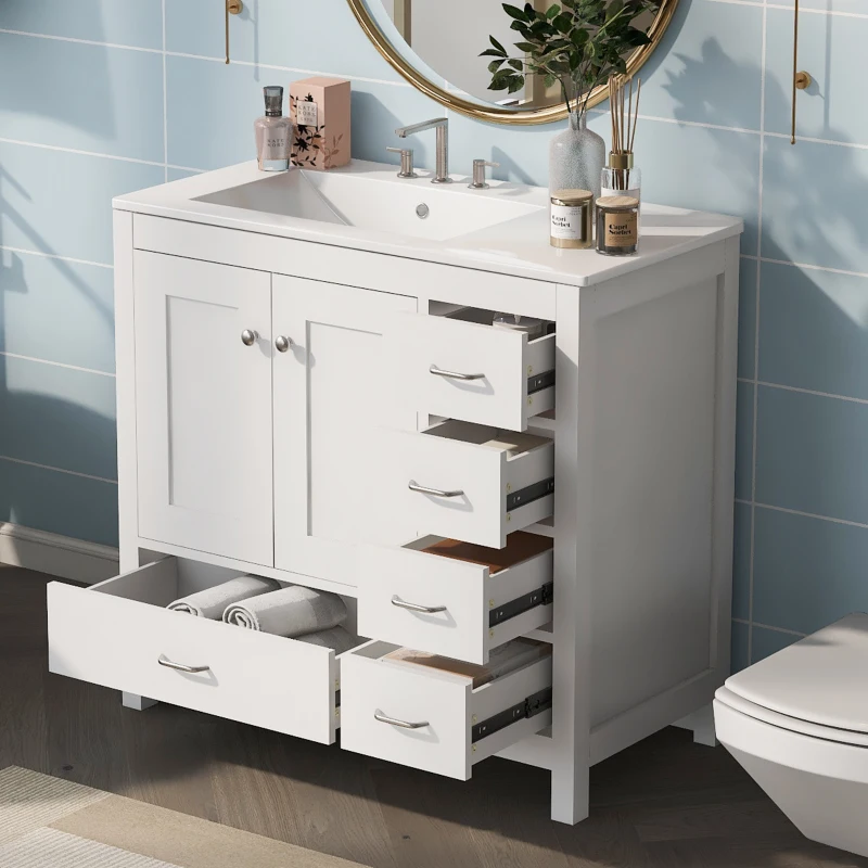 36" Bathroom Vanity with Ceramic Sink, 2 Soft-Close Doors and 5 Drawers, Cabinet with Free-Standing Design, 36" L x 18" W x 34" H, White