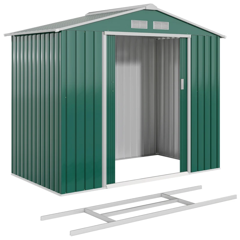 Outsunny 7' x 4' x 6' Garden Storage Shed Outdoor Patio Metal Tool Storage House w/ Foundation Kit and Double Doors Green