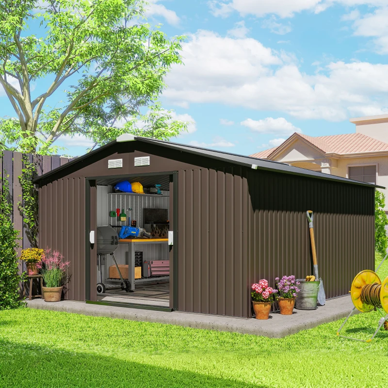 11' x 13' Garden Storage Shed - Metal Tool Storage House, Foundation Kits Included, Brown