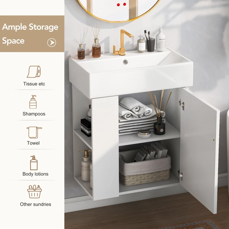 Modern Floating Bathroom Vanity with Ceramic Basin and Side Storage, Cabinet with Rose Gold Handle, 21.5" L x 12" W x 26.5" H, White