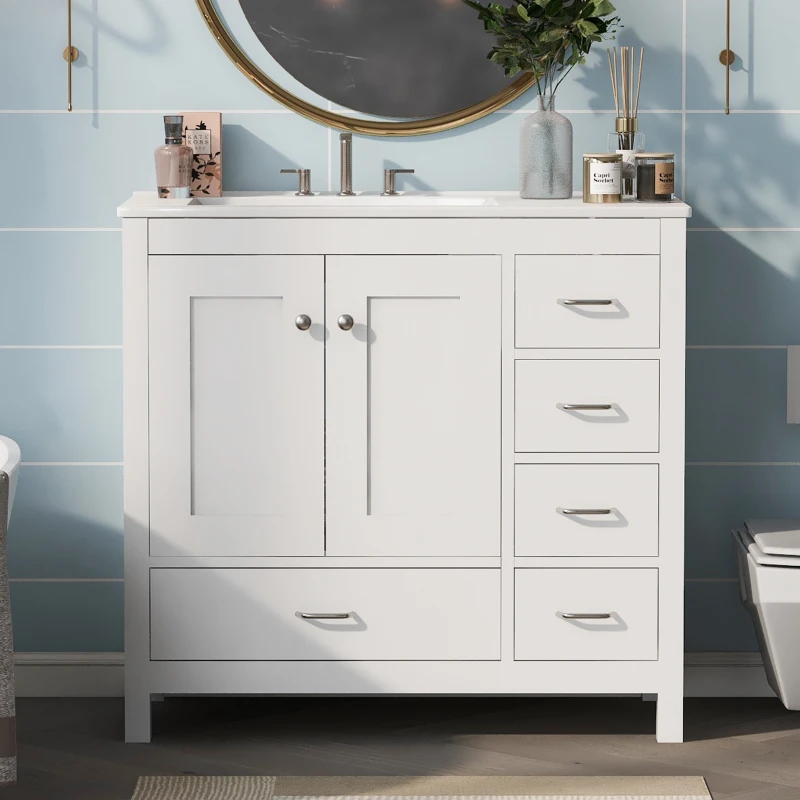 36" Bathroom Vanity with Ceramic Sink, 2 Soft-Close Doors and 5 Drawers, Cabinet with Free-Standing Design, 36" L x 18" W x 34" H, White