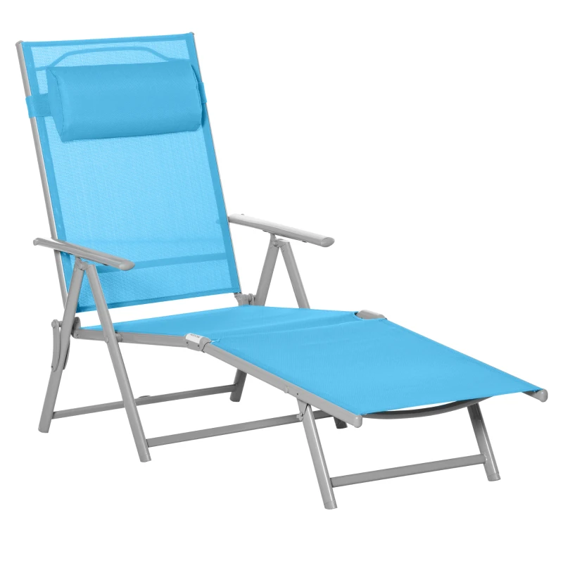 Outsunny Outdoor Folding Lounge Chair, 7-Position Adjustable Zero Gravity Lounge Chair with Pillow, Portable Reclining Tri-Fold Chaise for Beach, Swimming Pool, Light Blue