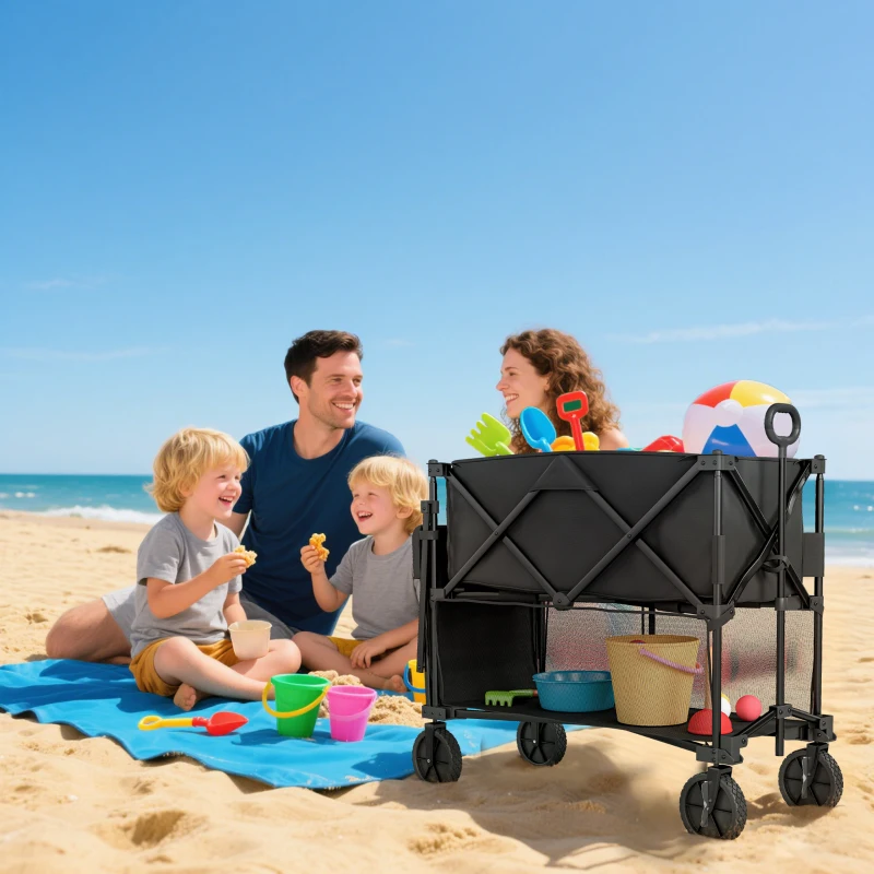 Outsunny Double Decker Folding Wagon Cart, 450LBS & 350L Capacity Collapsible Garden Cart for Camping Sports Shopping and Beach