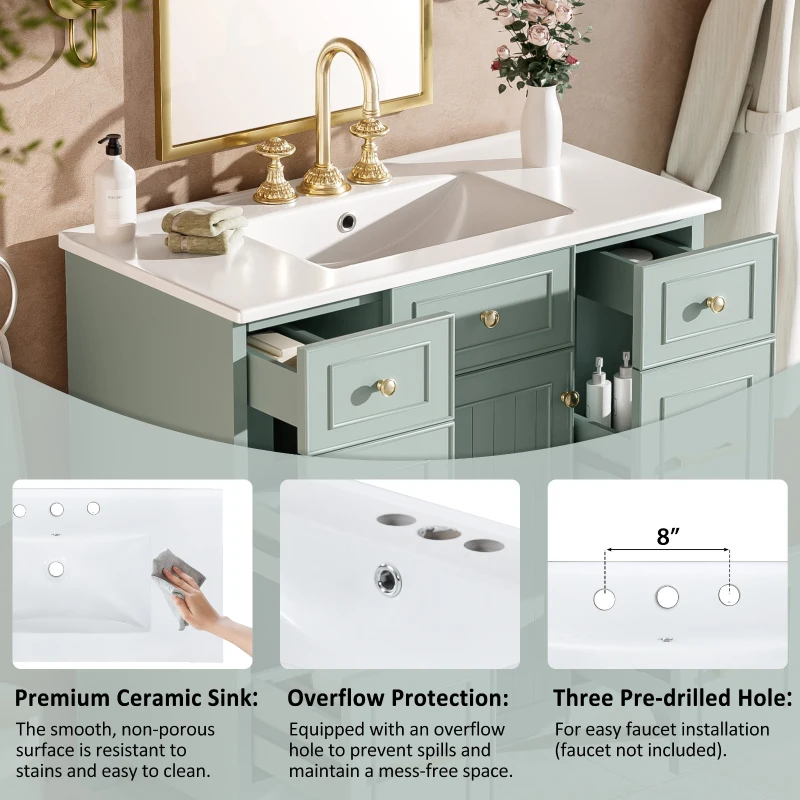 36" Bathroom Vanity with Ceramic Sink, Soft-Close Doors and Drawers, Storage Cabinet with Adjustable Shelf, 36" L x 18" W x 34" H, Green