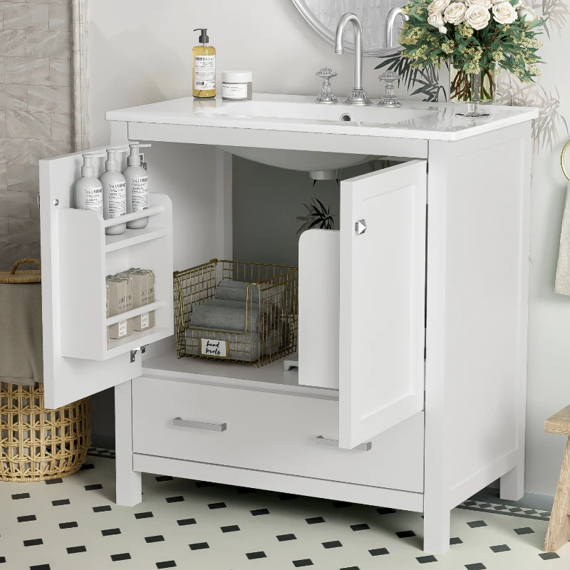 30" Bathroom Vanity with Single Sink, Solid Wood Frame, Multifunctional Storage Cabinet with Soft-Close Doors, 30" L x 18.5" W x 34" H, White