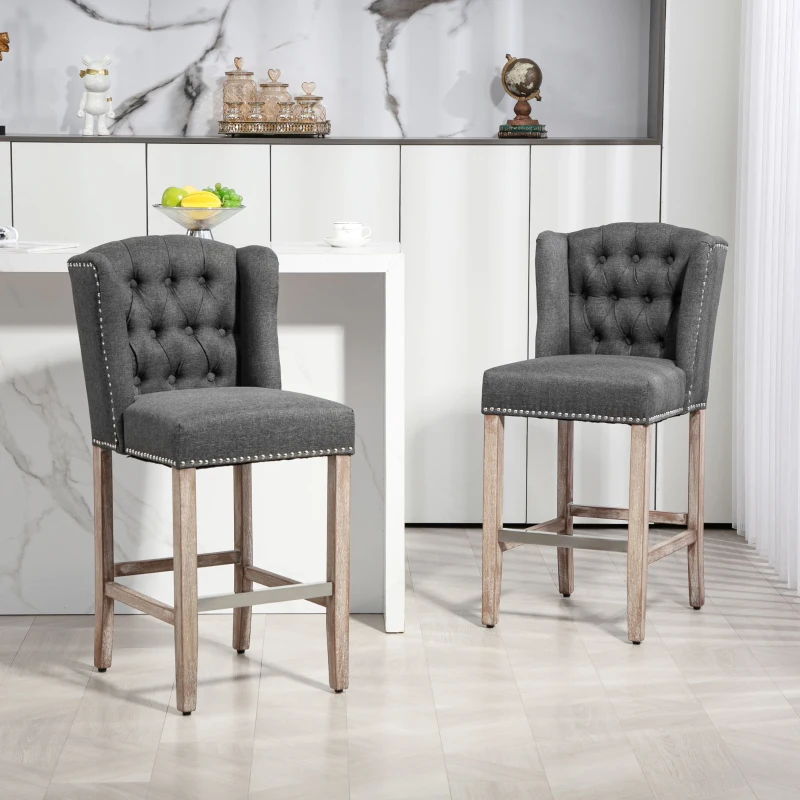 HOMCOM Counter Bar Stools Set of 2, Counter Height Barstools with Nailhead Trim, Tufted Back and Wood Legs, Dark Gray