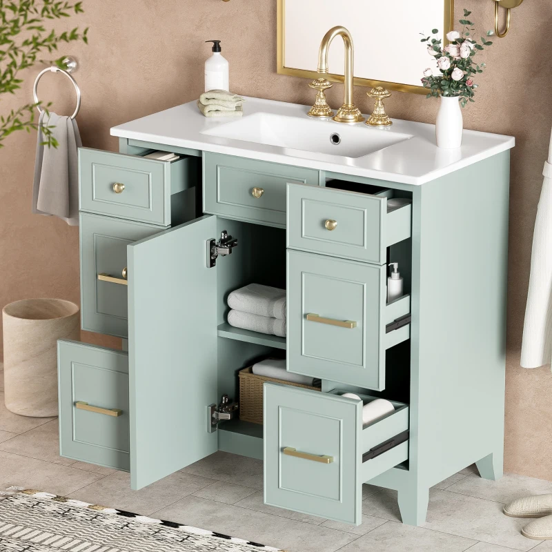36" Bathroom Vanity with Ceramic Sink, Soft-Close Doors and Drawers, Storage Cabinet with Adjustable Shelf, 36" L x 18" W x 34" H, Green