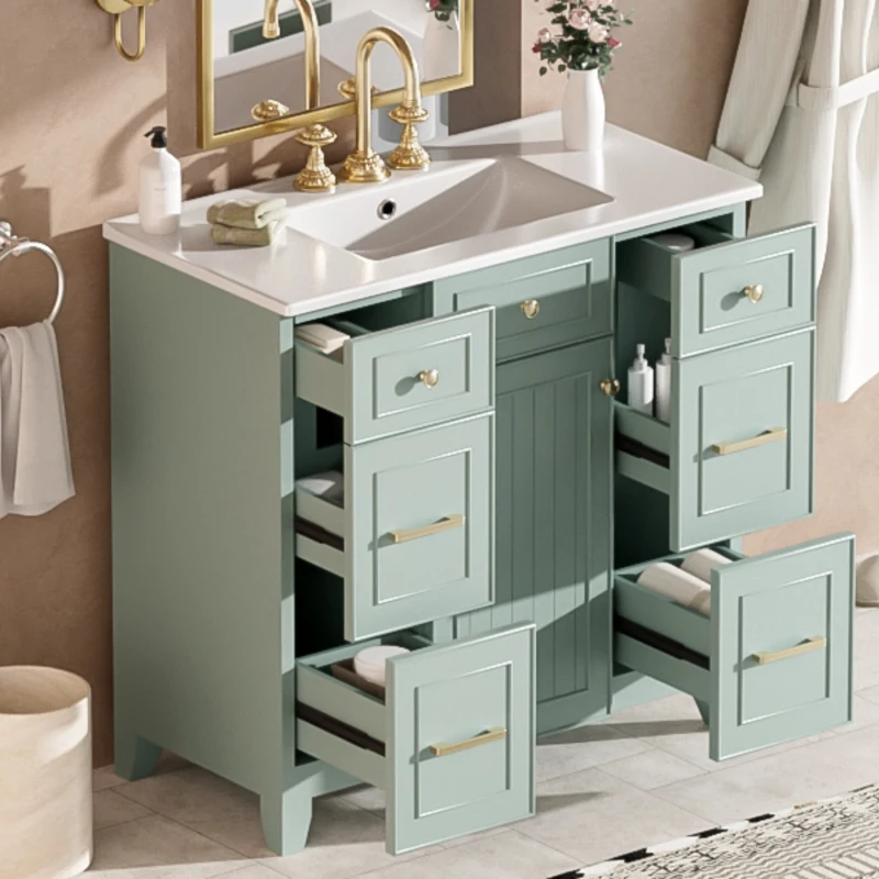 36" Bathroom Vanity with Ceramic Sink, Soft-Close Doors and Drawers, Storage Cabinet with Adjustable Shelf, 36" L x 18" W x 34" H, Green