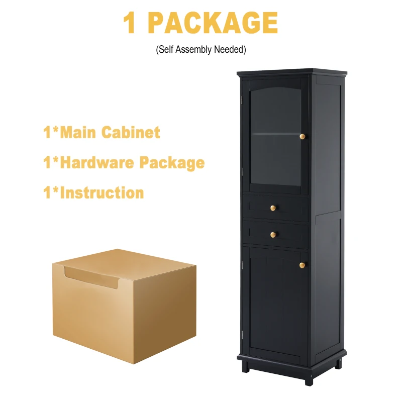 Tall Bathroom Storage Cabinet with Glass Doors, Free-Standing Design, Adjustable Shelves for Stylish Organization, 18" L x 14" W x 63" H, Black