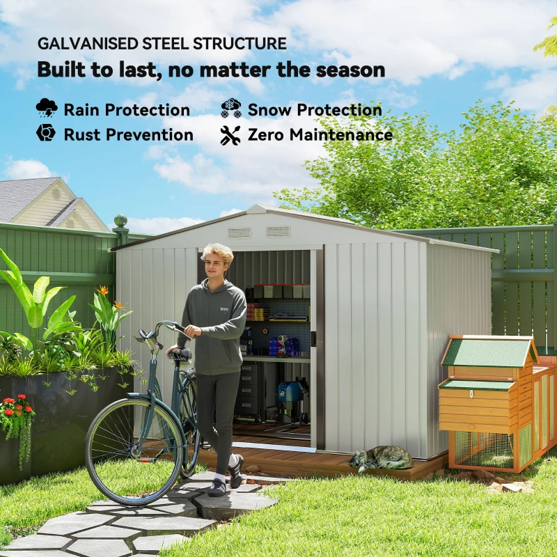 Outsunny 9.1' x 6.4' x 6.3' Garden Storage Shed w/ Foundation Kit Metal Tool Storage House w/ Double Doors Silver