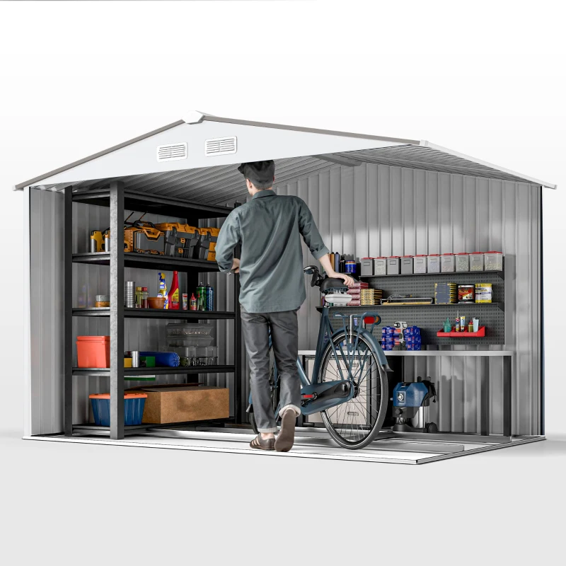 Outsunny 9.1' x 6.4' x 6.3' Garden Storage Shed w/ Foundation Kit Metal Tool Storage House w/ Double Doors Silver