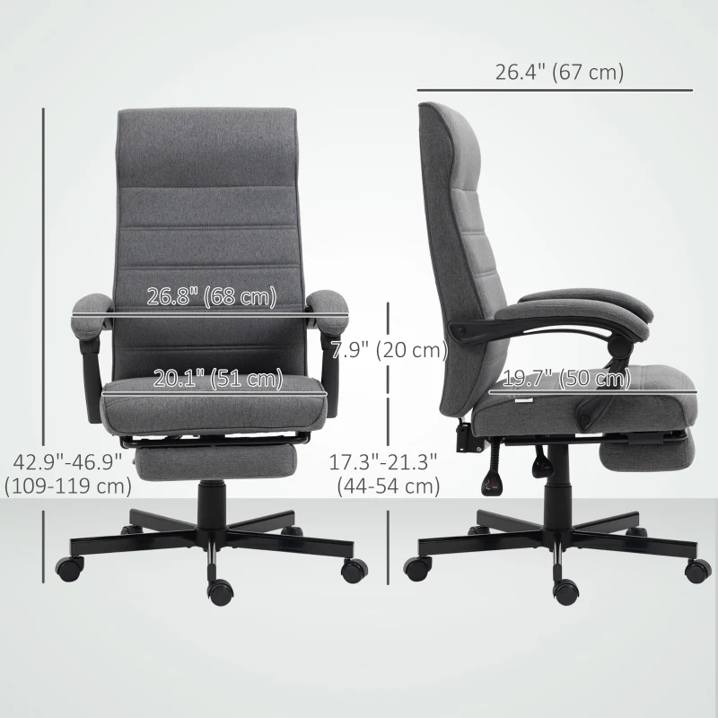 Vinsetto Computer Desk Chair, High-Back Office Chair, Reclining Chair with Adjustable Height, Footrest and Swivel Wheels, Grey