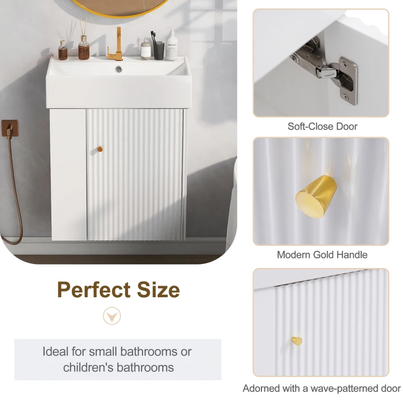 Modern Floating Bathroom Vanity with Ceramic Basin and Side Storage, Cabinet with Rose Gold Handle, 21.5" L x 12" W x 26.5" H, White