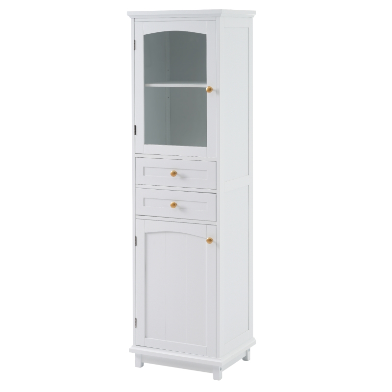 Tall Bathroom Storage Cabinet with Glass Doors, Free-Standing with Adjustable Shelves and Drawers, 18" L x 14" W x 63" H, White