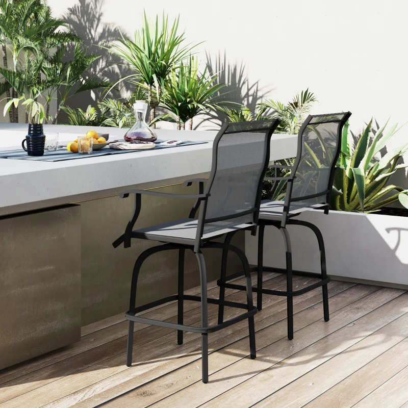 Outsunny Outdoor Bar Stools Set of 2, Swivel Bar Height Chairs with High Back, Curved Armrests and Steel Frame, Light Grey