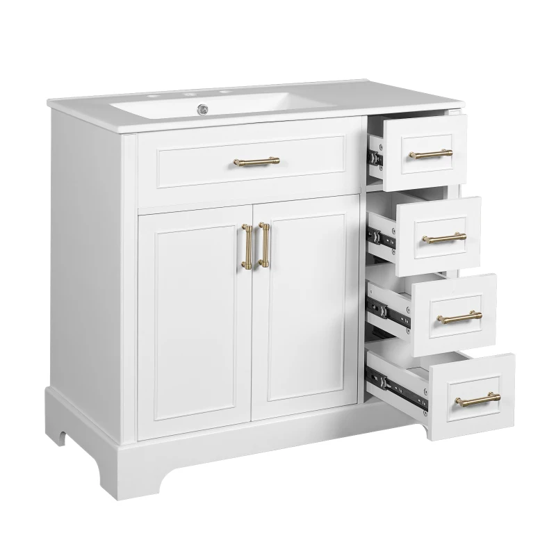 Elegant Bathroom Vanity with Ceramic Sink, Soft-Close Doors and Drawers, Cabinet with Solid Wood Frame, 36" L x 18.5" W x 34" H, White