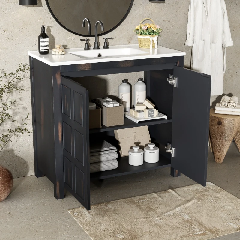 36" Bathroom Vanity with Ceramic Sink, Solid Wood Construction, Storage Cabinet with Soft Close Doors, 36" L x 18.5" W x 34" H, Espresso