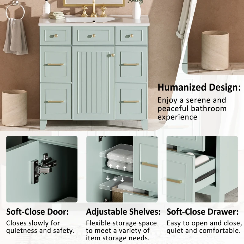 36" Bathroom Vanity with Ceramic Sink, Soft-Close Doors and Drawers, Storage Cabinet with Adjustable Shelf, 36" L x 18" W x 34" H, Green