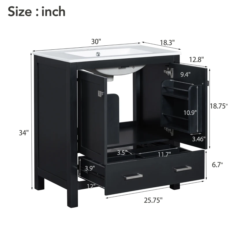 30" Bathroom Vanity with Single Undermount Sink, Cabinet with Soft-Close Doors and Versatile Storage, 30" L x 18.5" W x 34" H, Black+White