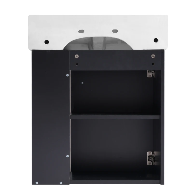 Modern Floating Bathroom Vanity with Ceramic Basin and Right Side Storage, Cabinet with Gold Handle, 21.5" L x 12" W x 26.5" H, Black+White