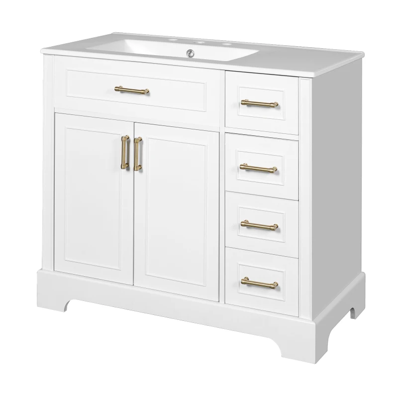 Elegant Bathroom Vanity with Ceramic Sink, Soft-Close Doors and Drawers, Cabinet with Solid Wood Frame, 36" L x 18.5" W x 34" H, White