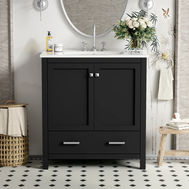 30" Bathroom Vanity with Single Undermount Sink, Cabinet with Soft-Close Doors and Versatile Storage, 30" L x 18.5" W x 34" H, Black+White