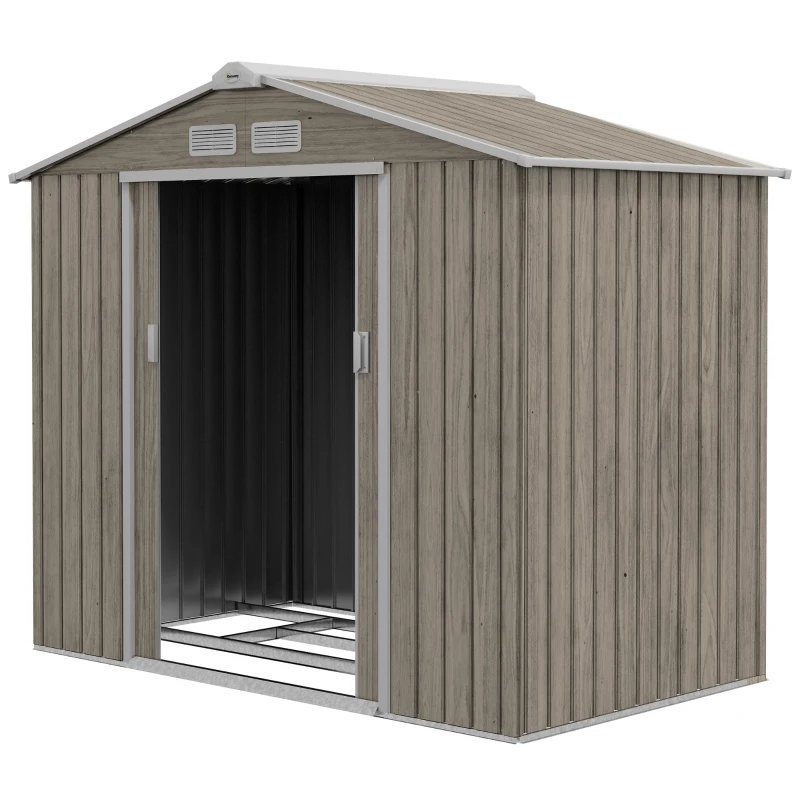 Outsunny 7' x 4' x 6' Garden Storage Shed Outdoor Patio Metal Tool Storage House w/ Foundation Kit and Double Doors Light Brown