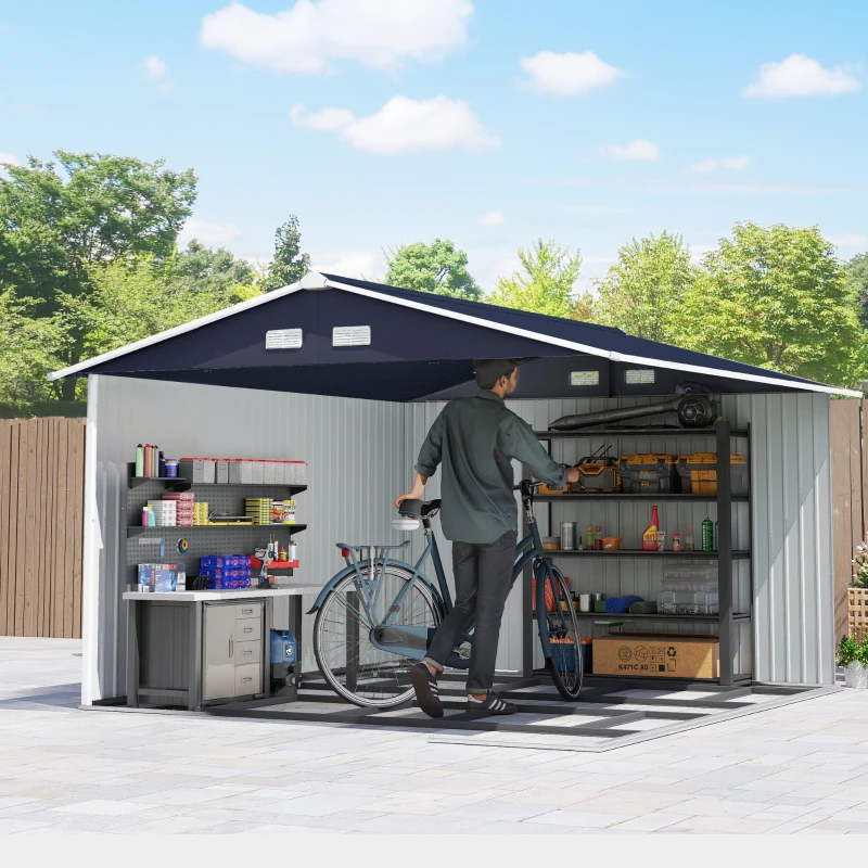 Outsunny 11' x 9' Metal Storage Shed Garden Tool House with Double Sliding Doors, 4 Air Vents for Backyard, Patio, Lawn Dark Grey