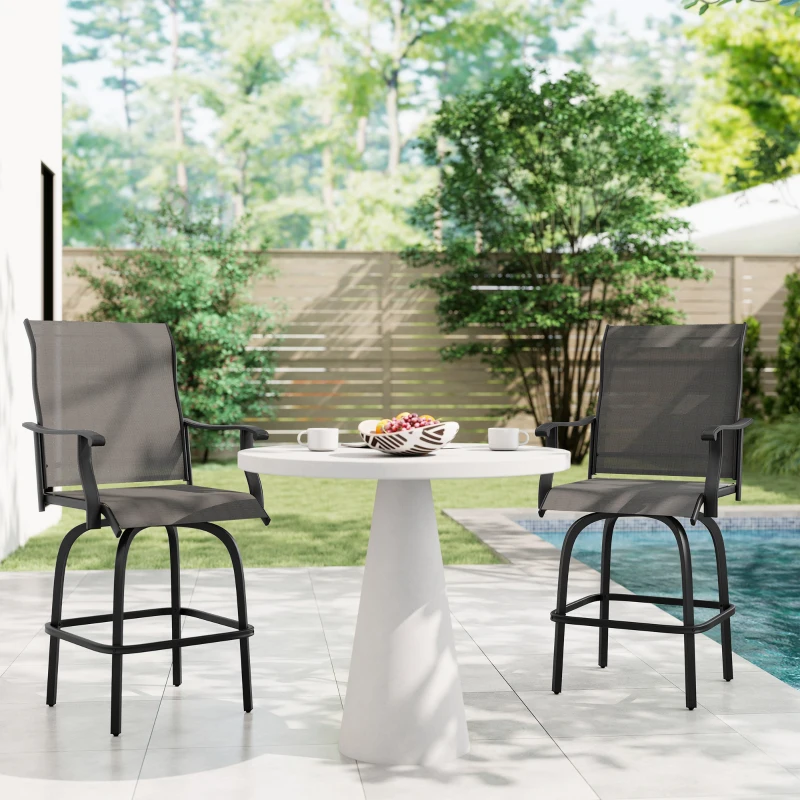 Outsunny Set of 2 Outdoor Swivel Bar Stools with Armrests, Bar Height Patio Chairs with Steel Frame for Balcony, Poolside, Backyard, Black